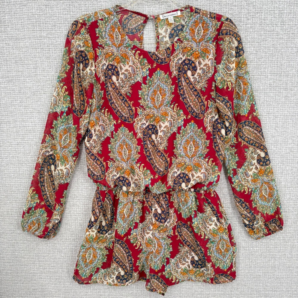 Lucca‎ Couture Womens Romper Sz S Red Paisley Long Sleeve Keyhole Boho Brunch